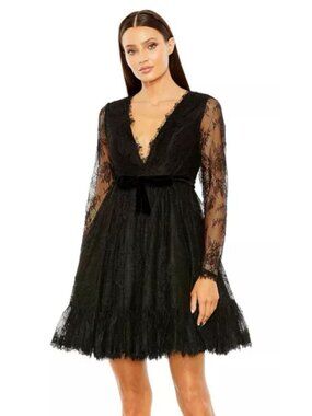 Mac Duggal Long Sleeve Deep V Lace Babydoll Dress NWT in Black 8